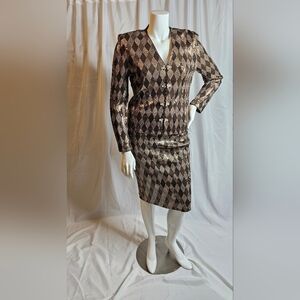 Vintage St. John Evening Harlequin Sequin Skirt Suit, Bronze/Gold sz 14